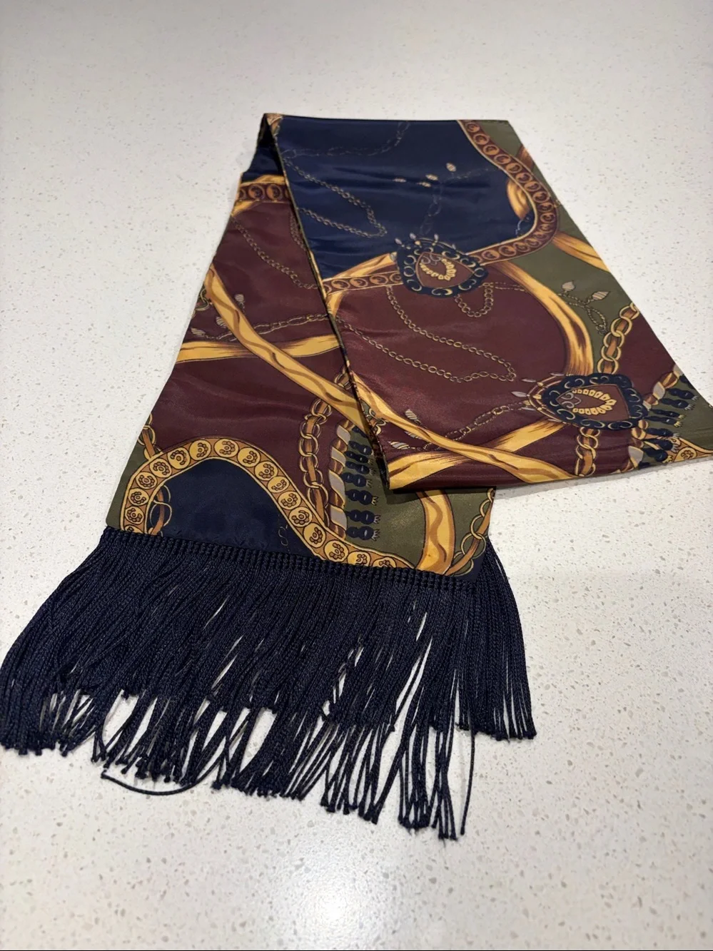 Equestrian Dress Scarf with Navy Blue Fringe.
